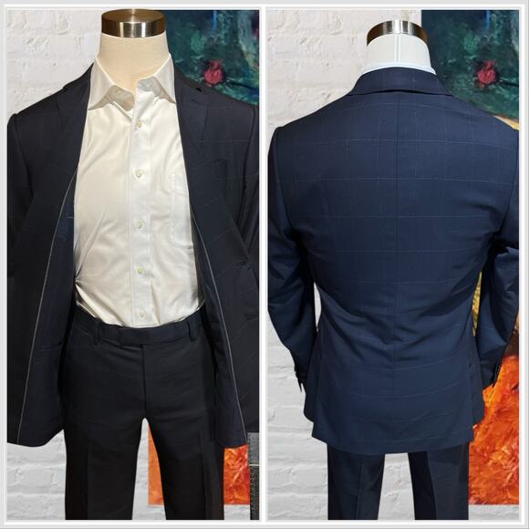 BR Banana Republic Mens 40L 36x31 Slim Navy Blue Plaid Suit Super 150s Italy - Picture 7 of 16